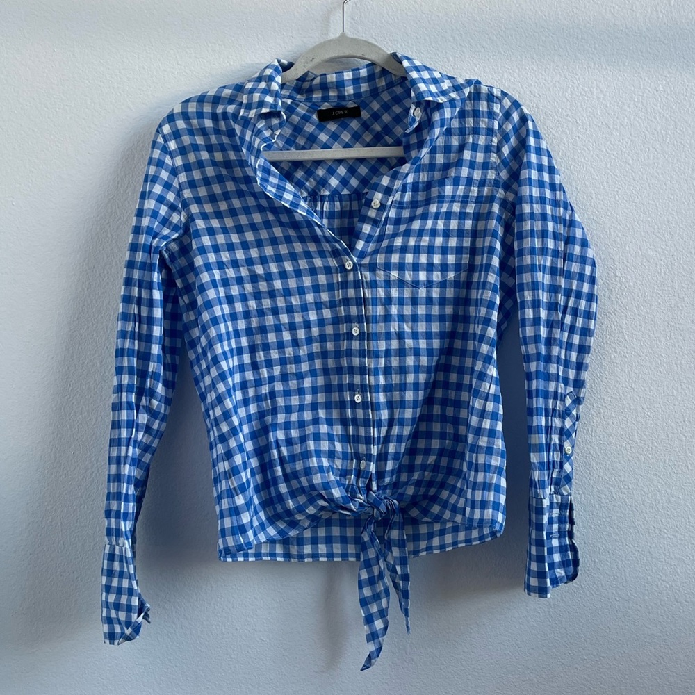 J. Crew Blue Checkered Tie-Front Blouse